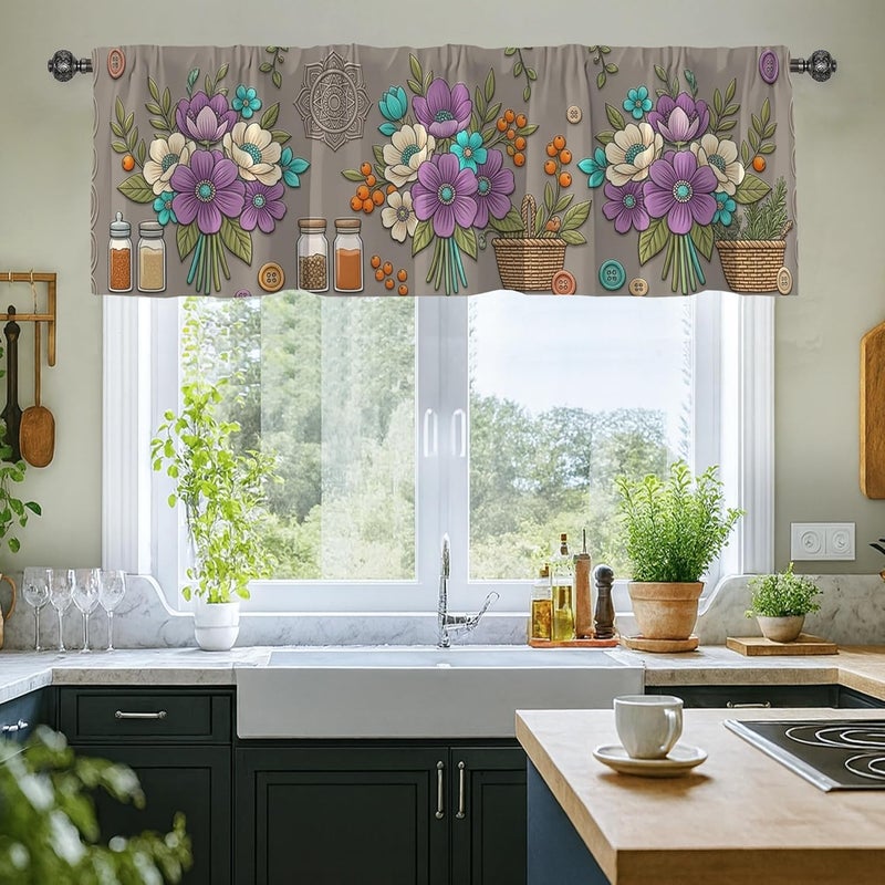 Flower Kitchen Curtains, Bohemian Rustic Leaf Basket Spring Violet Rod Pocket Window Valance Window Decoration for Dining Room Breakfast Nook Sink Area 18x52 Inch - Image 2