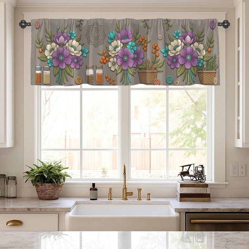 Flower Kitchen Curtains, Bohemian Rustic Leaf Basket Spring Violet Rod Pocket Window Valance Window Decoration for Dining Room Breakfast Nook Sink Area 18x52 Inch - Image 4