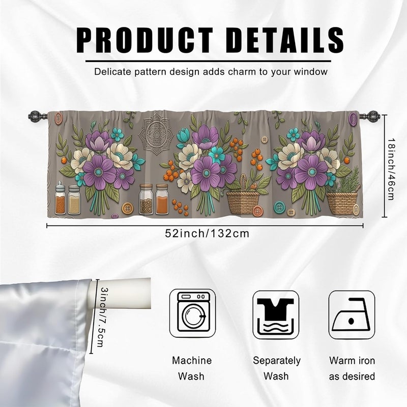 Flower Kitchen Curtains, Bohemian Rustic Leaf Basket Spring Violet Rod Pocket Window Valance Window Decoration for Dining Room Breakfast Nook Sink Area 18x52 Inch - Image 3