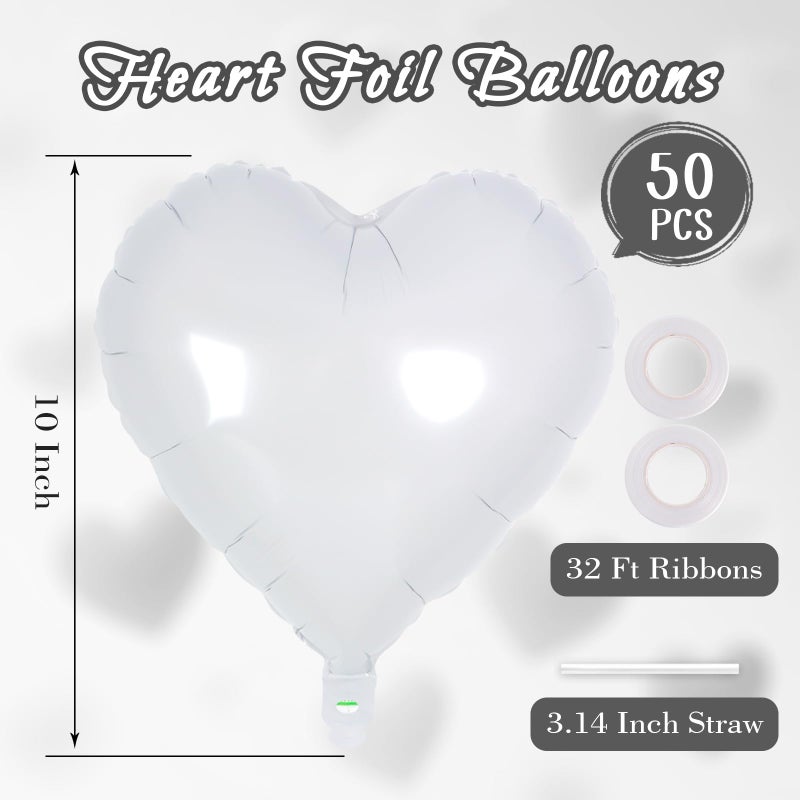 YOTHORN 50 Pcs White Heart Balloons,10 Inch Heart Shape Foil Balloons Love Balloon Valentine Balloon for Birthday Party Wedding Engagement Party Baby Shower Valentine Day Decorations (White) - Image 2