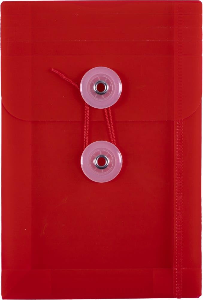 JAM PAPER Plastic Envelopes with Button & String Tie Closure - 4 1/4 x 6 1/4 - Red - 3/Pack
