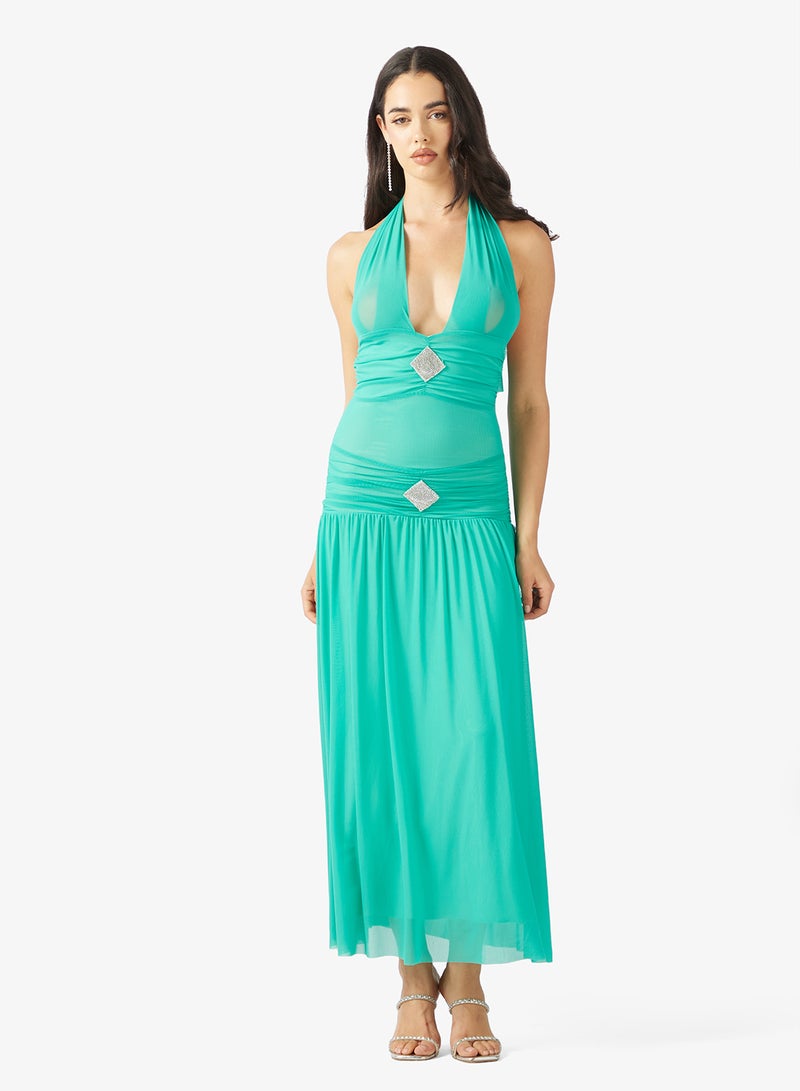 جينجر فستان بياقة هالتر وخصر منخفض مع لمسة ذهبية - Image 1