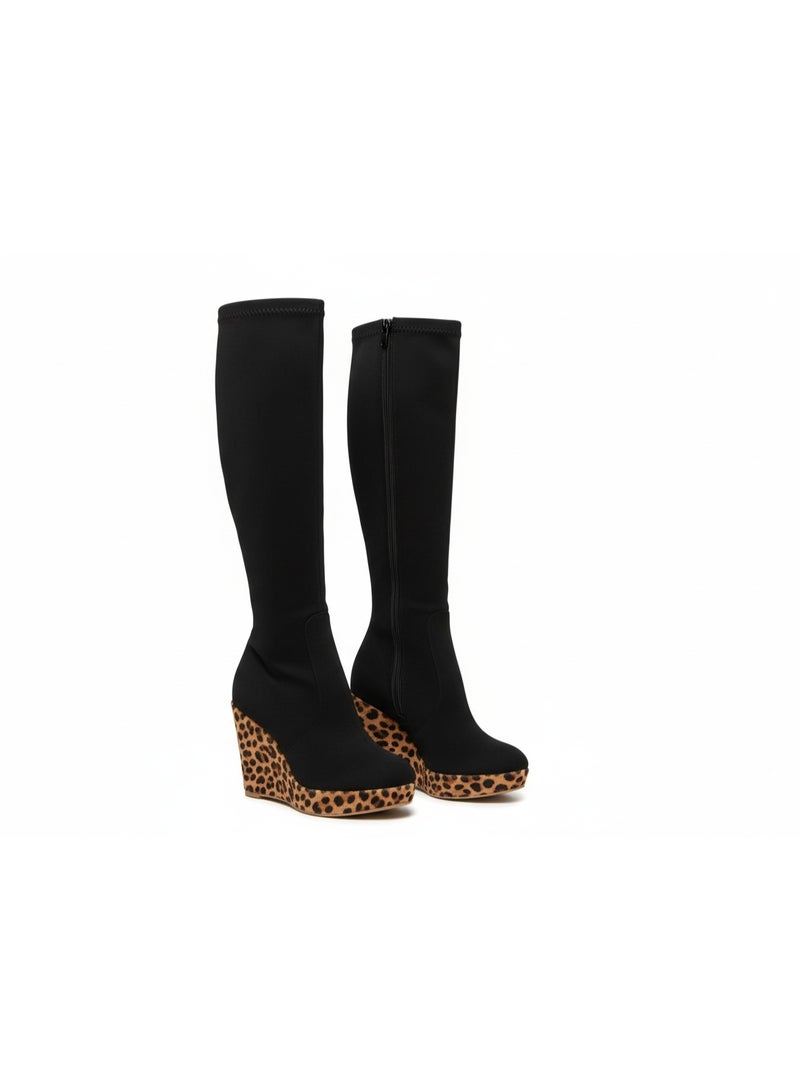 لايف ستيلاش  حذاء طويل بكعب إسفين من الجلد المدبوغ LB-39 - أسود مع كعب تيجر - Image 2