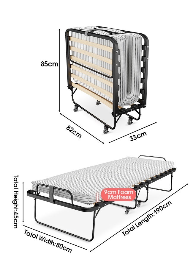 Generic 80 x 190 cm Foldable Single Bed with 9 cm Thick Foam Mattress - Sturdy Metal Frame, Wheeled Folding Bed, Black & White Striped Design, Solid Wood Slatted Base - Perfect for Guests  - Image 3