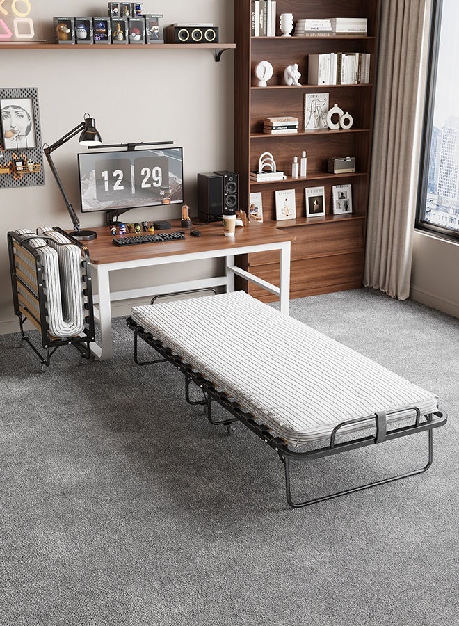 Generic 80 x 190 cm Foldable Single Bed with 9 cm Thick Foam Mattress - Sturdy Metal Frame, Wheeled Folding Bed, Black & White Striped Design, Solid Wood Slatted Base - Perfect for Guests  - Image 1