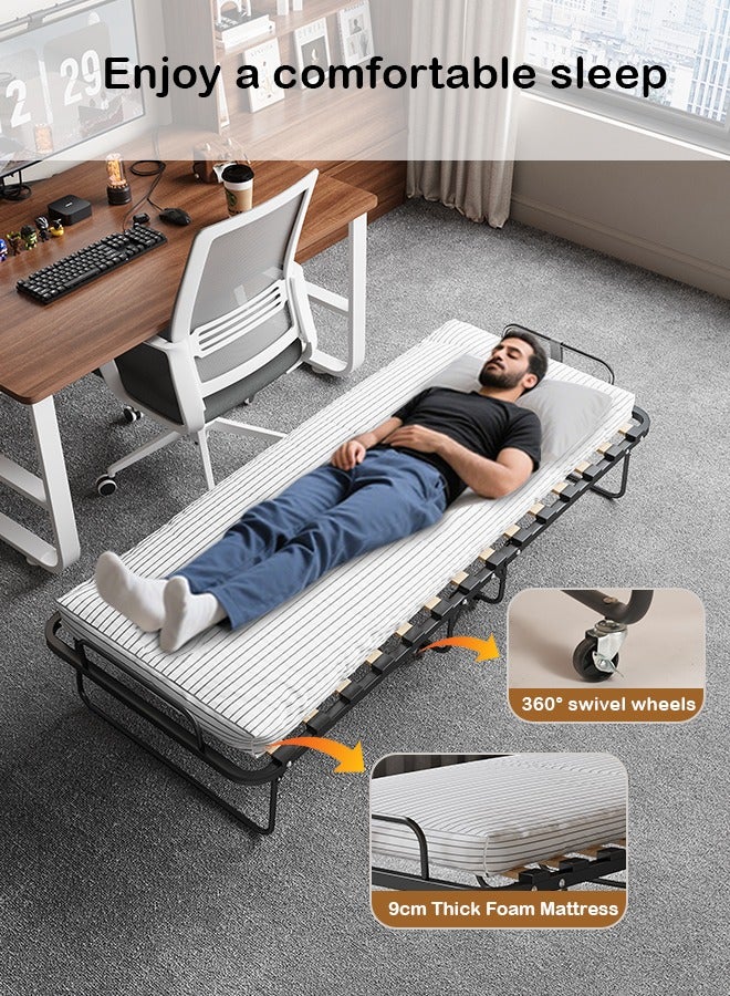 Generic 80 x 190 cm Foldable Single Bed with 9 cm Thick Foam Mattress - Sturdy Metal Frame, Wheeled Folding Bed, Black & White Striped Design, Solid Wood Slatted Base - Perfect for Guests  - Image 2