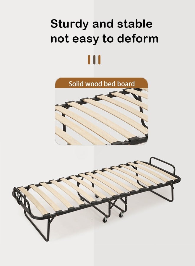 Generic 80 x 190 cm Foldable Single Bed with 9 cm Thick Foam Mattress - Sturdy Metal Frame, Wheeled Folding Bed, Black & White Striped Design, Solid Wood Slatted Base - Perfect for Guests  - Image 4