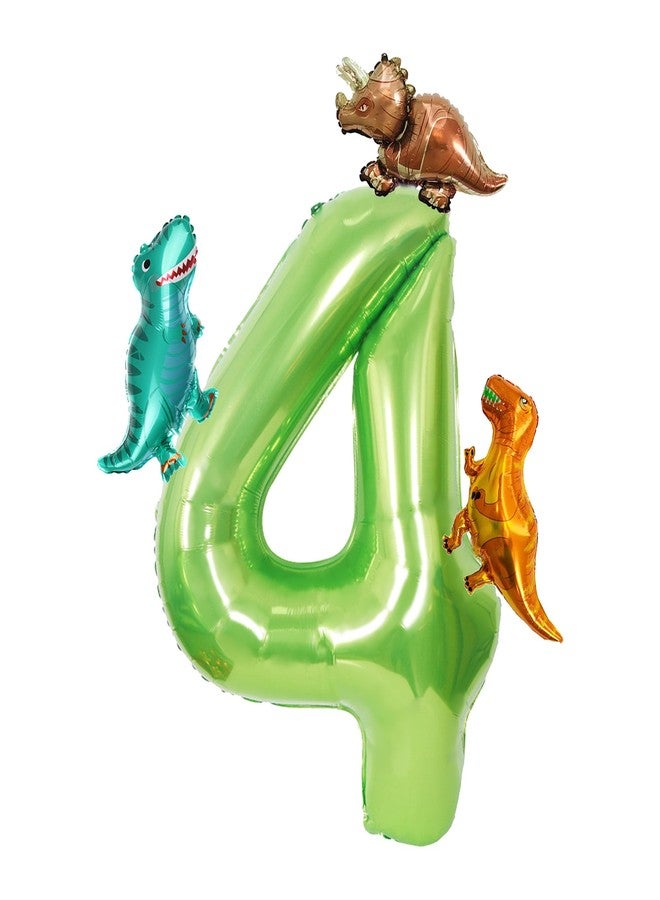 Ysqool Dinosaur Green Number 4 Balloon, 40 In Large Foil Helium Balloon with Mini Dino Mylar Balloons, Dinosaur Birthday Decorations for Kids, Dino Balloons Set for 4th Birthday Party Supplies (4) - Image 1