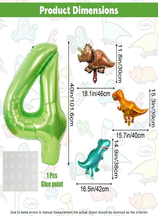 Ysqool Dinosaur Green Number 4 Balloon, 40 In Large Foil Helium Balloon with Mini Dino Mylar Balloons, Dinosaur Birthday Decorations for Kids, Dino Balloons Set for 4th Birthday Party Supplies (4) - Image 2