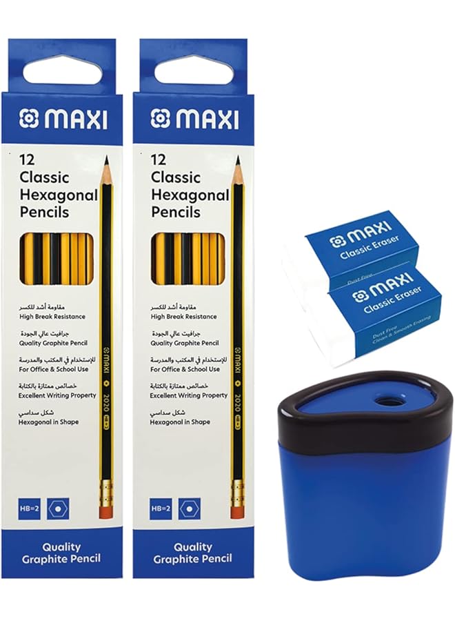 ماكسي قلم رصاص جرافيت سداسي Hb مع طرف ممحاة 24 قطعة بالإضافة إلى مبراة برميل بلاستيكي بالإضافة إلى ممحاة كلاسيكية خالية من كلوريد متعدد الفاينيل 2 قطعة حزمة كومبو للكتابة - Image 1