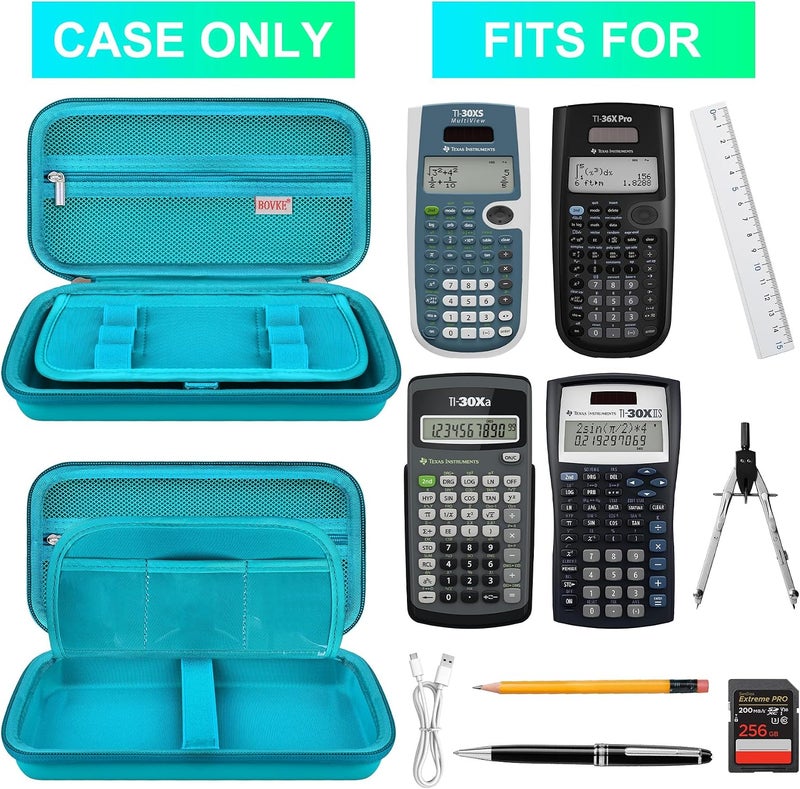 BOVKE حقيبة حمل لآلة حاسبة علمية من Texas Instruments TI-30XS Multiview/TI-34 Multiview/TI-36X Pro، مع جيب شبكي إضافي لكابلات USB، الأقلام وغيرها من اللوازم المدرسية، أخضر - Image 2