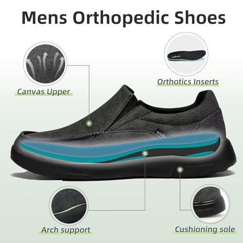 OrthoComfoot Men's Orthopedic Walking Shoes for Flat Feet, Plantar Fasciitis Canvas Loafer Shoes with Arch Support, Lightweight Outdoor Sneakers Black Size 11.5 - Image 3