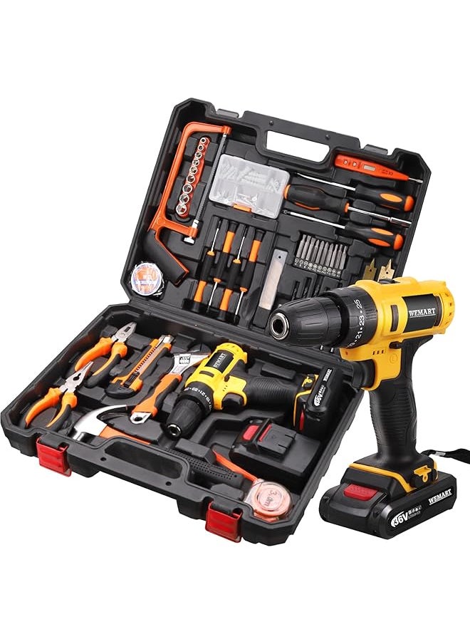 WEMART - 128 Piece Power Tools Kit With 36V Cordless Drill 25+3 Clutch With Impact Professional Household Home Tool Kit Set With Diy Hand Tool Kits For Garden Office House Repair Maintain - Image 1