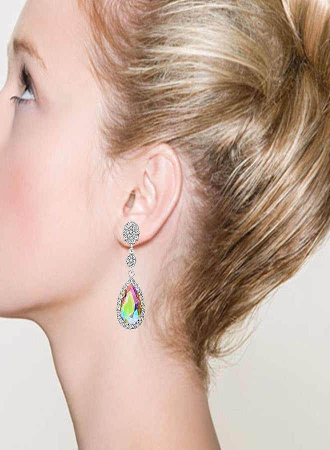 YINLI Gorgeous Austrian Crystal Rhinestone Clip on Earring Wedding Bridal Teardrop Drop Dangle Earrings (Clip on AB) - Image 3