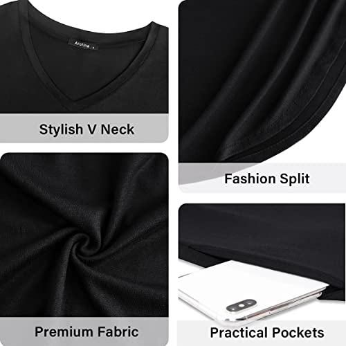 Arolina Women's Summer Maxi Dress Short Sleeve V Neck Casual Loose Long Beach Split Dresses with Pockets Black - Image 5
