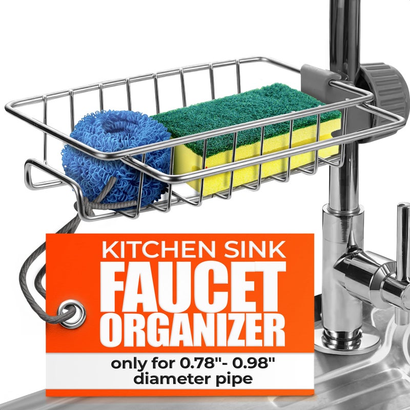 Faucet Sponge Holder for Kitchen Sink  Fits for 078098 Diameter Pipe Stylish Kitchen Sink Faucet Organizer Stainless Steel RustResistant 360 Rotating Design for Soap Scrubbers Bathroom