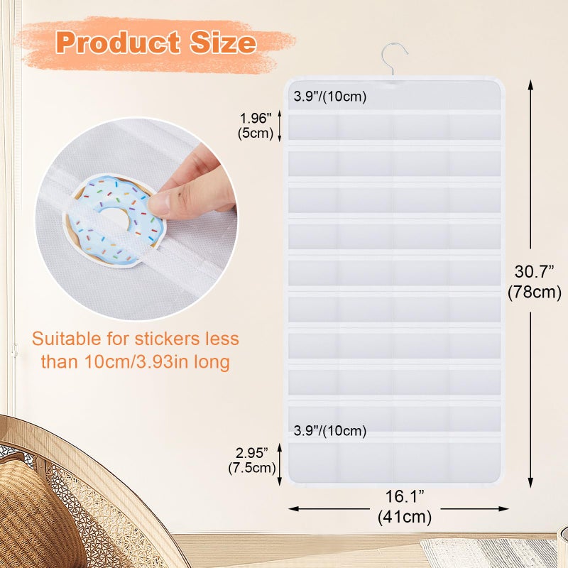 Faccito 1 Pcs White Hanging Sticker Display Organizer, Double-sided 80 Pocket for 4'' Large Stickers Storage, Portable Wall-hanging Decal Chart Holder for Vendors Collectors Trade Shows - Image 2