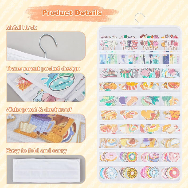 Faccito 1 Pcs White Hanging Sticker Display Organizer, Double-sided 80 Pocket for 4'' Large Stickers Storage, Portable Wall-hanging Decal Chart Holder for Vendors Collectors Trade Shows - Image 3
