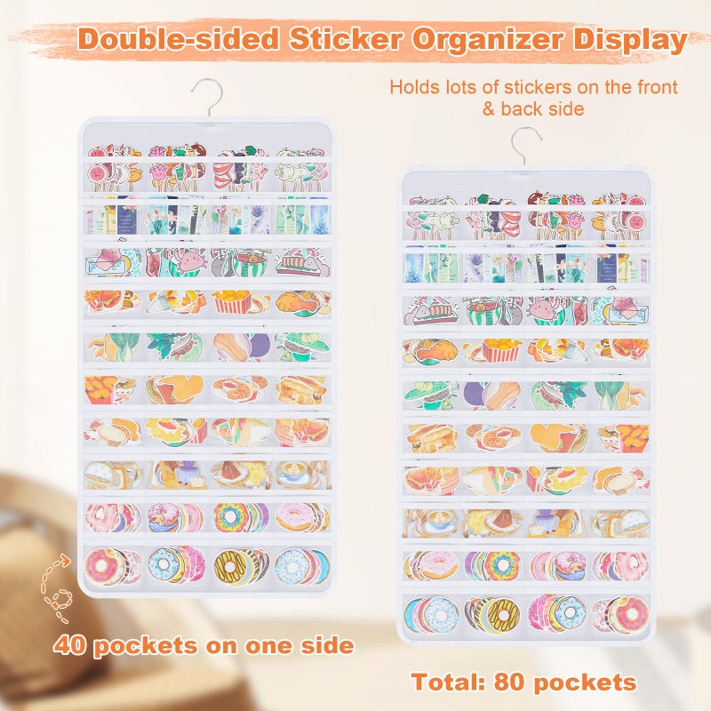 Faccito 1 Pcs White Hanging Sticker Display Organizer, Double-sided 80 Pocket for 4'' Large Stickers Storage, Portable Wall-hanging Decal Chart Holder for Vendors Collectors Trade Shows - Image 4
