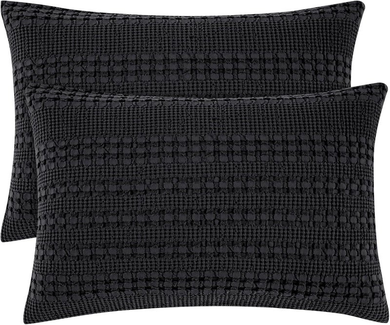 PHF 100% Cotton Waffle Pillow Shams Queen Size, 2 Pack 20" x 30" Soft Skin-Friendly Pillowcases, No Filling, Aesthetic Woven and Breathable Waffle Weave Pillow Case Covers for Bed, Black - Image 1