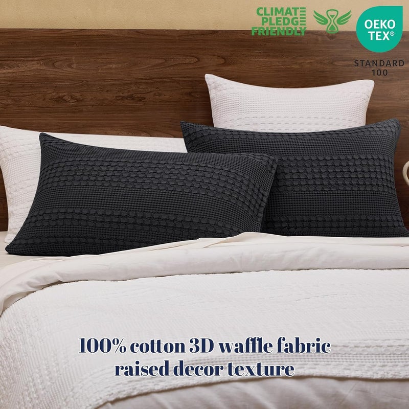 PHF 100% Cotton Waffle Pillow Shams Queen Size, 2 Pack 20" x 30" Soft Skin-Friendly Pillowcases, No Filling, Aesthetic Woven and Breathable Waffle Weave Pillow Case Covers for Bed, Black - Image 3