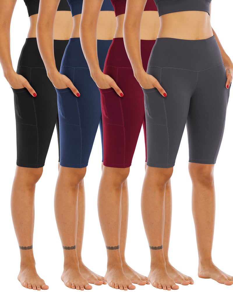 WHOUARE 4 Pack Biker Yoga Shorts with Pockets for Women,High Waisted Athletic Running Workout Gym Shorts Tummy Control,Black,Navy,Dark Gray,Burgundy,3XL - Image 1