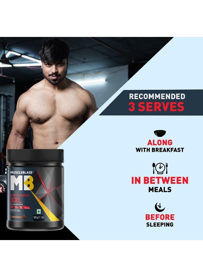 مسل بلايز مسحوق MuscleBlaze Super Gainer XXL بنكهة الشوكولاتة (5 حصص، 500 جم / 1.1 رطل) | 15 جم بروتين و75 جم كربوهيدرات لكل مكيال | مكمل عالي البروتين لزيادة الكتلة العضلية - Image 2