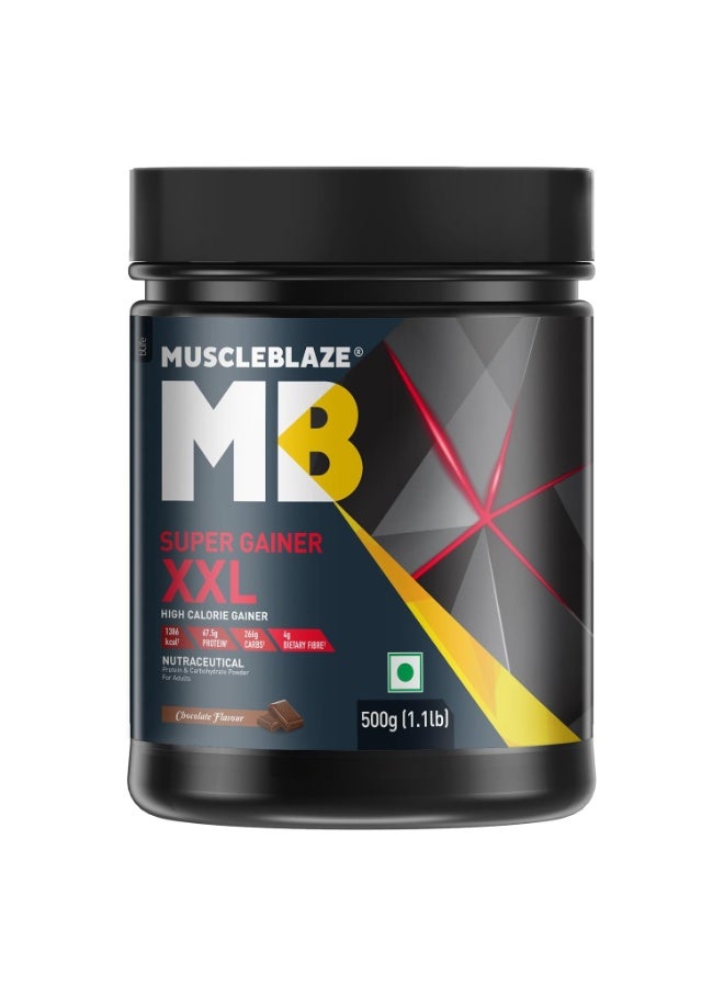 مسل بلايز مسحوق MuscleBlaze Super Gainer XXL بنكهة الشوكولاتة (5 حصص، 500 جم / 1.1 رطل) | 15 جم بروتين و75 جم كربوهيدرات لكل مكيال | مكمل عالي البروتين لزيادة الكتلة العضلية - Image 1