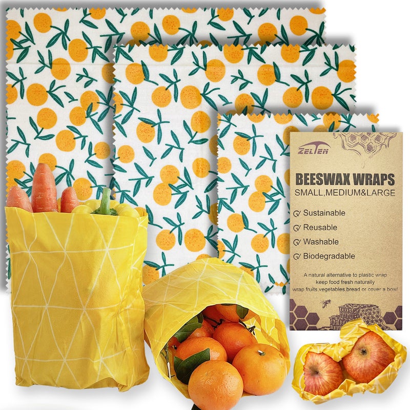 Zelten Beeswax Reusable Food Wraps - (3 Packs, 3 Sizes S,M,L) Plastic and Silicone Free, Eco-friendly Wrap, Wax Paper for Food,Tangerine - Image 1