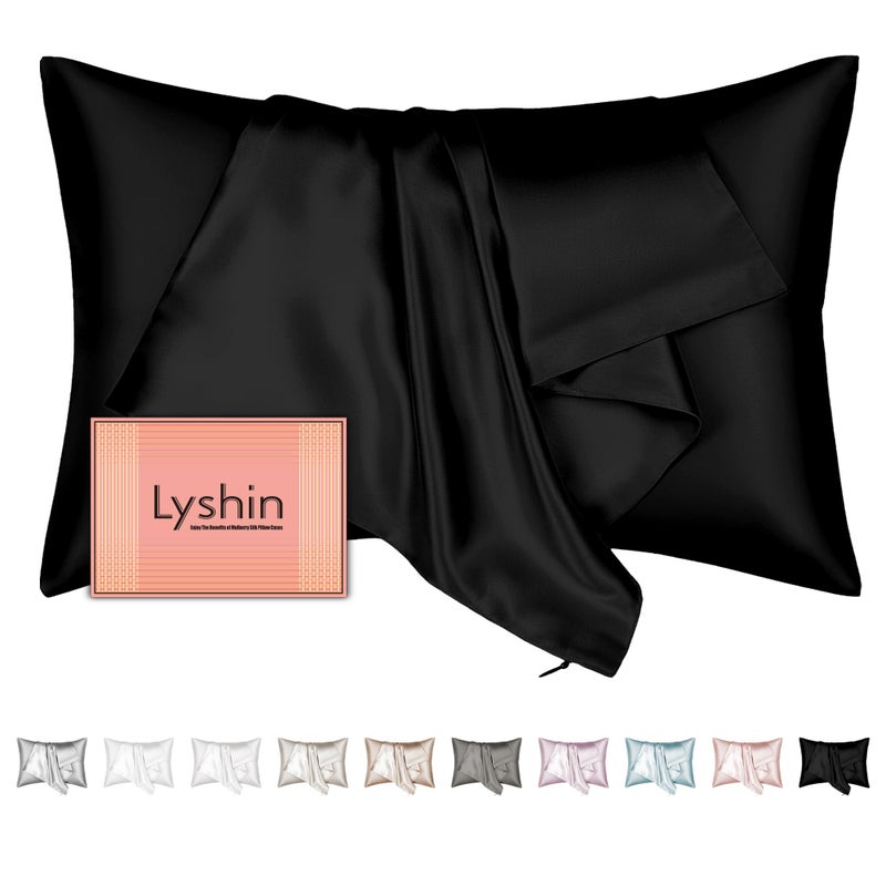 LYSHIN Mulberry Silk Pillow Cases King Size with Hidden Zipper  Ultra Smooth and Soft Breathable Cooling Silk Satin Pillowcase for Hair and Skin  Gifts for Women Men (Black  20x36 Inches  1 Pack) - Image 1