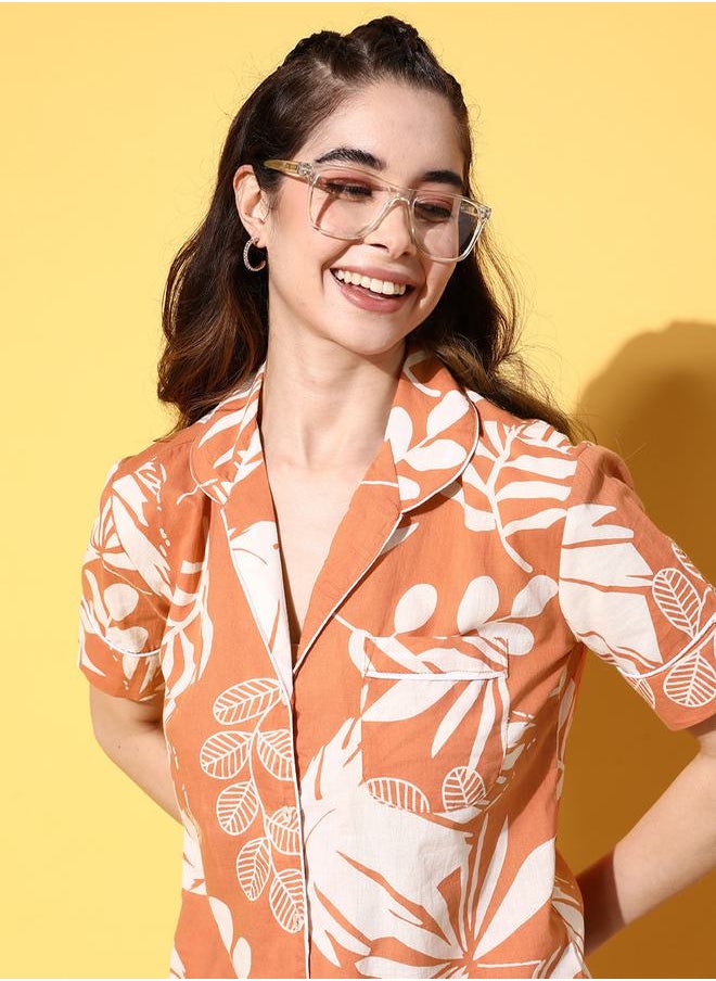 sanskrutihomes Tropical Print Short Sleeve Cotton Shirt & Pyjama Set by Styli  - Image 2