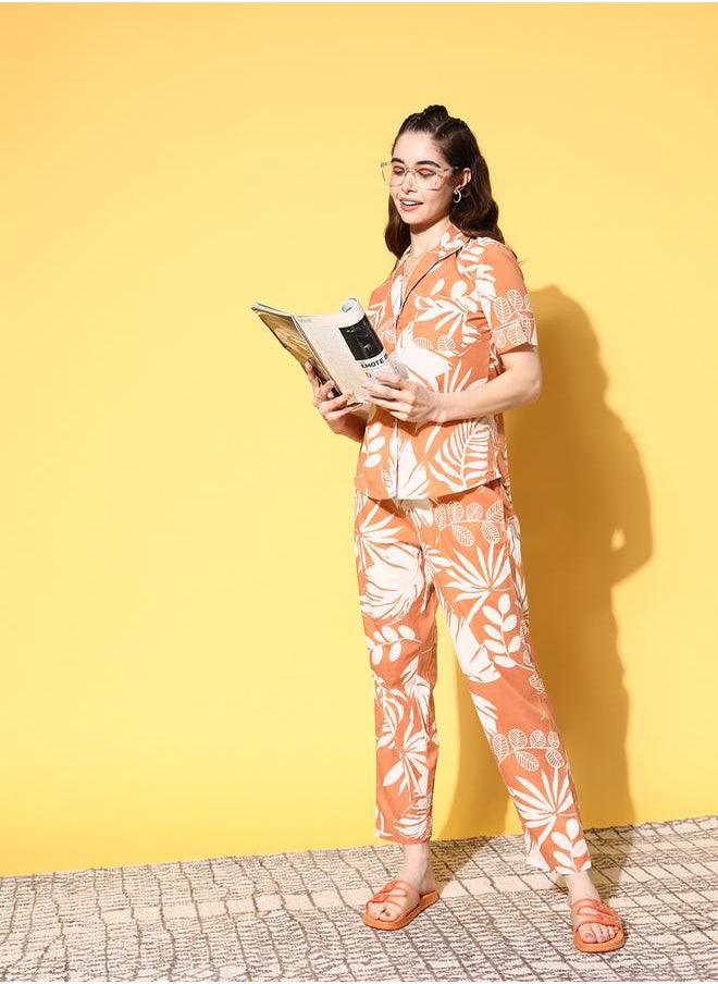 sanskrutihomes Tropical Print Short Sleeve Cotton Shirt & Pyjama Set by Styli  - Image 1