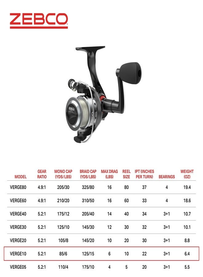 Zebco Verge Spinning Fishing Reel, Size 10 Reel, Right or Left-Hand Retrieve, Pre-Spooled with 6-Pound Zebco Fishing Line, Black (Clam Packaging) - Image 5