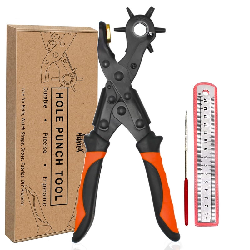 Adorox Heavy Duty Quality Professional Design Revolving Hole Punch Pliers Kit with Steel Ruler File Puncher with 6 Hole Sizes for Belts Watch Straps Saddles Shoes DIY Crafts - Image 3