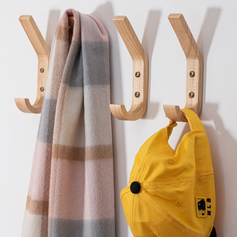 Fujinzhu 4 Pack Natural Wood Coat Hanger Wall Hooks Mounted for Coats Hats Bags Towels