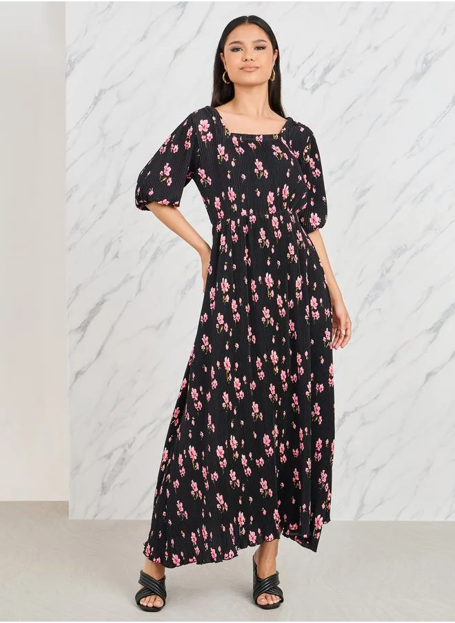 Styli Plisse Floral Print A-Line Maxi Dress