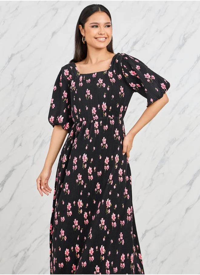 Styli Plisse Floral Print A-Line Maxi Dress