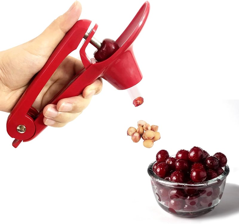 Fopudy Cherry Pitter, Stainless Steel Olive and Cherries Pitters Corer Tool with Space-Saving Lock Design, Multi-Function Fruit Pit Remover for Cherry Jam (Red) - Image 1