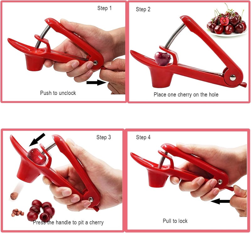 Fopudy Cherry Pitter, Stainless Steel Olive and Cherries Pitters Corer Tool with Space-Saving Lock Design, Multi-Function Fruit Pit Remover for Cherry Jam (Red) - Image 2