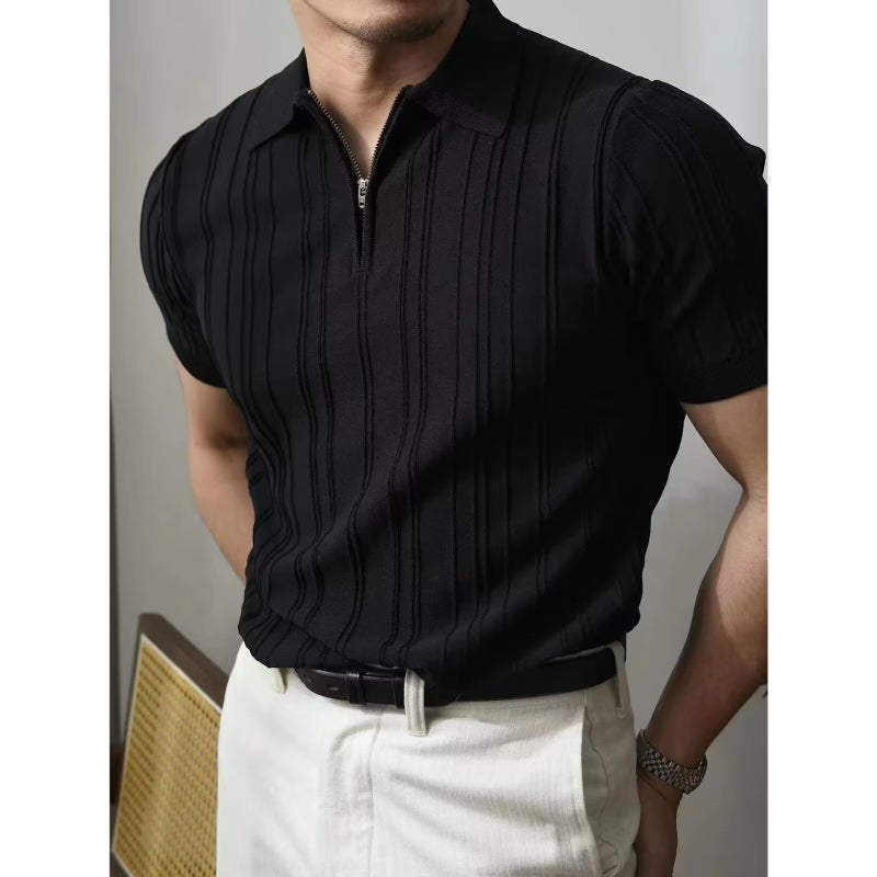 Zipper Knitted Short Sleeve Polo Shirt Men Casual Striped Textured Collar T-Shirt - Image 2