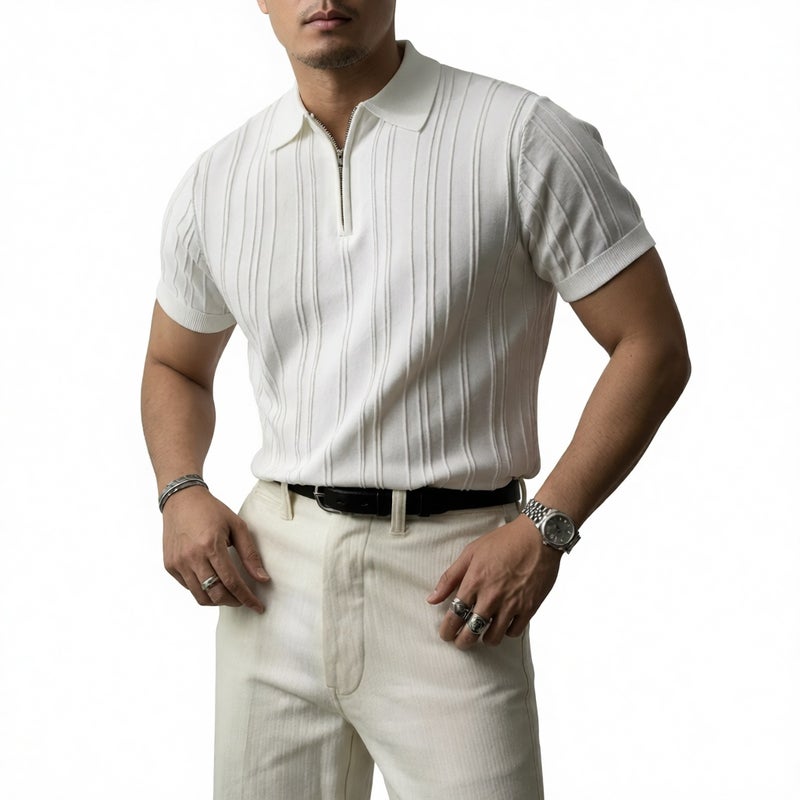 Zipper Knitted Short Sleeve Polo Shirt Men Casual Striped Textured Collar T-Shirt - Image 1