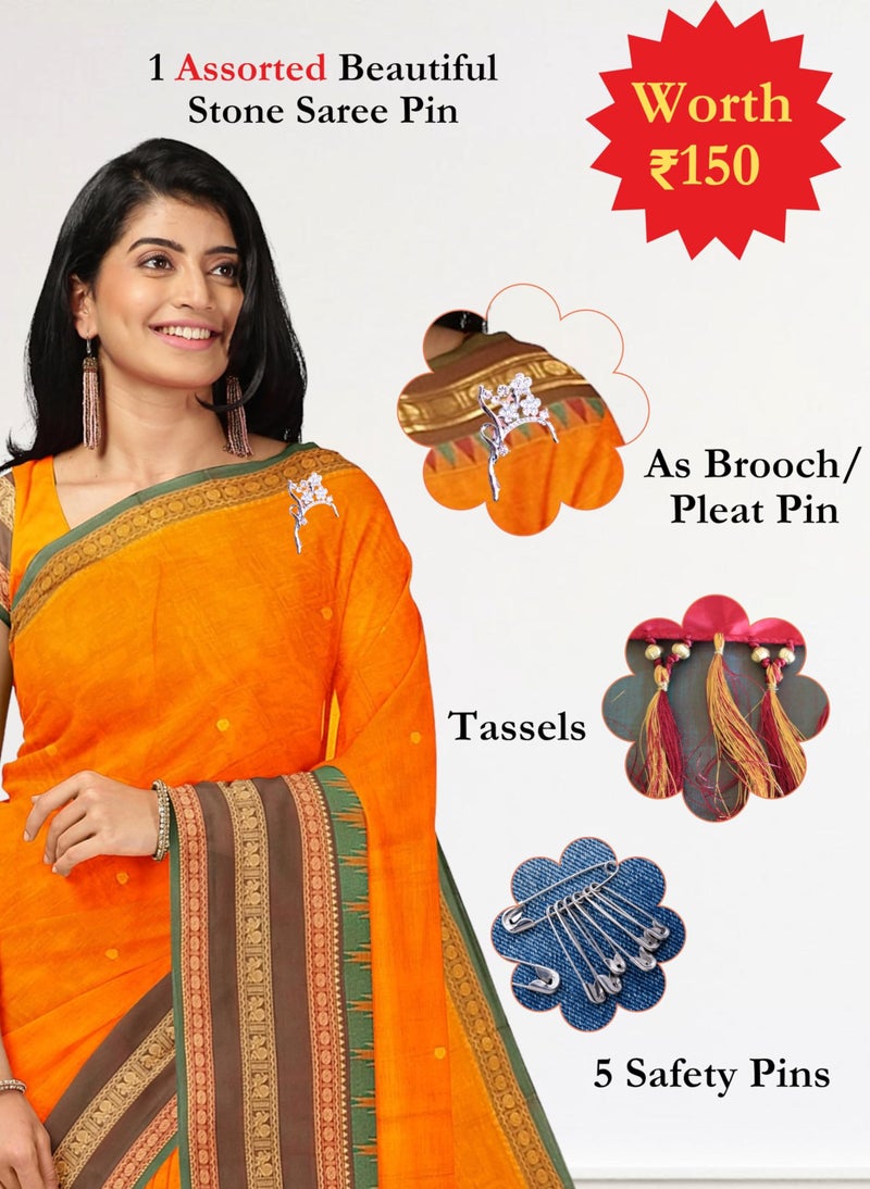 NandaVanam Women's Chettinad Cotton Saree with Blouse | Soft, Comfort, Handloom Cotton Sarees | Pure Cotton Sarees | Handloom Sarees for Women Daily use and All Occasion Wear (Orange1) - Image 3