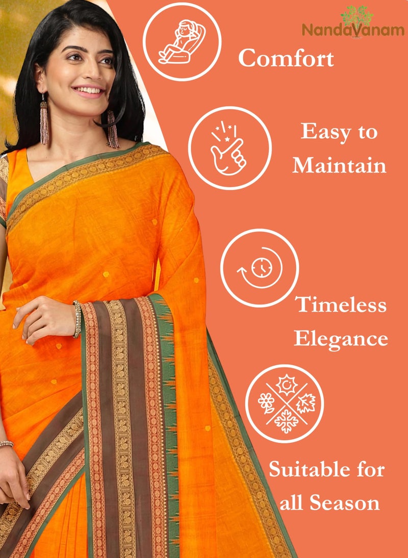 NandaVanam Women's Chettinad Cotton Saree with Blouse | Soft, Comfort, Handloom Cotton Sarees | Pure Cotton Sarees | Handloom Sarees for Women Daily use and All Occasion Wear (Orange1) - Image 4