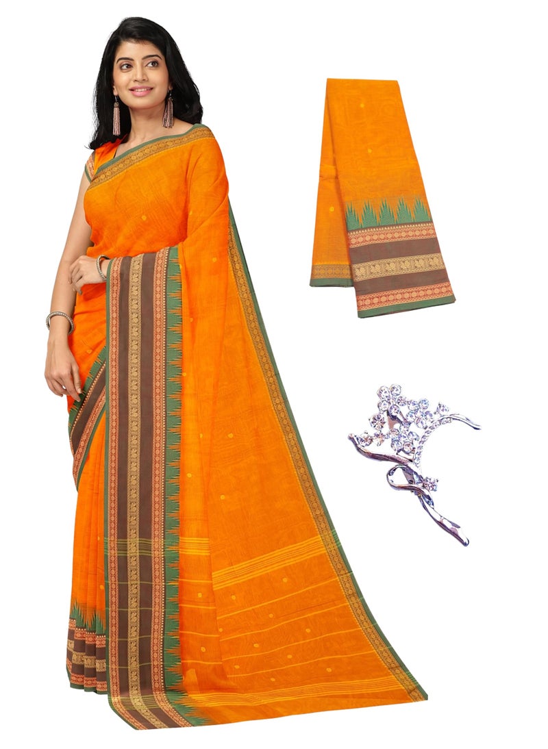 NandaVanam Women's Chettinad Cotton Saree with Blouse | Soft, Comfort, Handloom Cotton Sarees | Pure Cotton Sarees | Handloom Sarees for Women Daily use and All Occasion Wear (Orange1) - Image 1