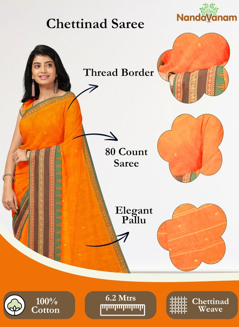 NandaVanam Women's Chettinad Cotton Saree with Blouse | Soft, Comfort, Handloom Cotton Sarees | Pure Cotton Sarees | Handloom Sarees for Women Daily use and All Occasion Wear (Orange1) - Image 2