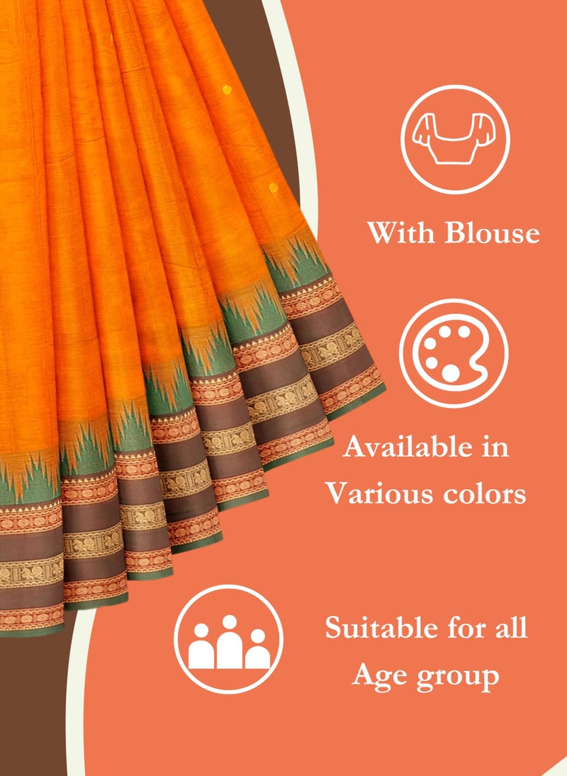 NandaVanam Women's Chettinad Cotton Saree with Blouse | Soft, Comfort, Handloom Cotton Sarees | Pure Cotton Sarees | Handloom Sarees for Women Daily use and All Occasion Wear (Orange1) - Image 5