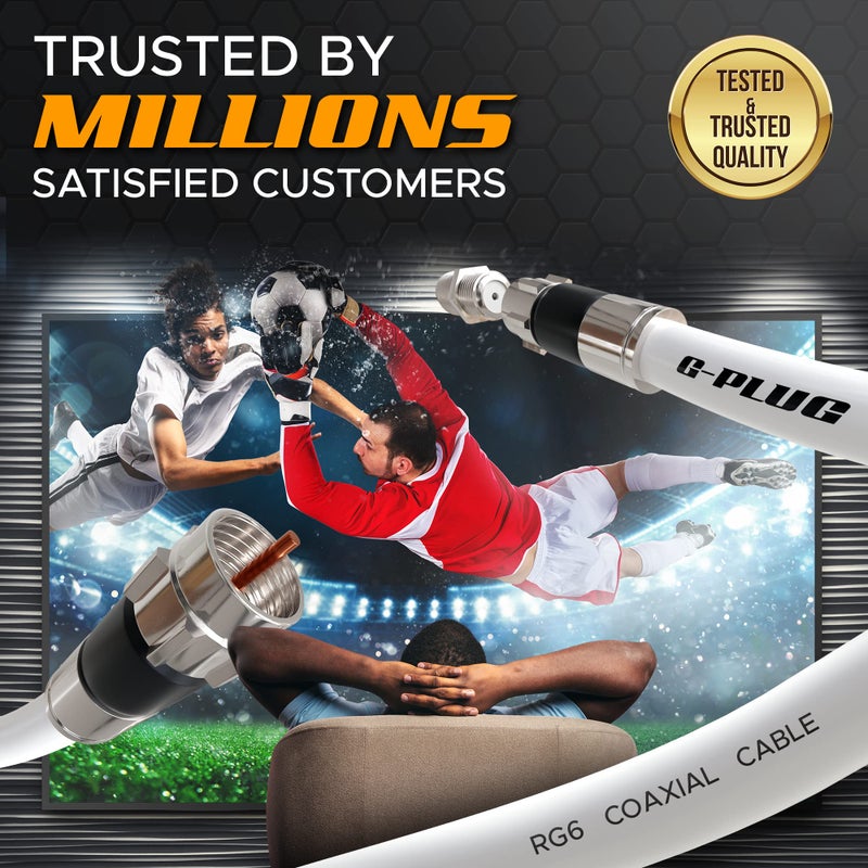 G-PLUG مجموعة موصلات كابل RG6 المحوري G-PLUG بطول 3 أقدام - إنترنت عالي السرعة، النطاق العريض وتلفزيون رقمي هوائي، تمديد كابل ساتلايت سكاي - موصلات مضغوطة مع حلقة مطاطية مزدوجة محكمة الإغلاق بالطقس باللون الأبيض - Image 5