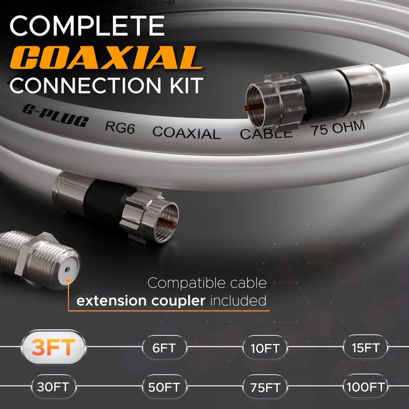 G-PLUG مجموعة موصلات كابل RG6 المحوري G-PLUG بطول 3 أقدام - إنترنت عالي السرعة، النطاق العريض وتلفزيون رقمي هوائي، تمديد كابل ساتلايت سكاي - موصلات مضغوطة مع حلقة مطاطية مزدوجة محكمة الإغلاق بالطقس باللون الأبيض - Image 2