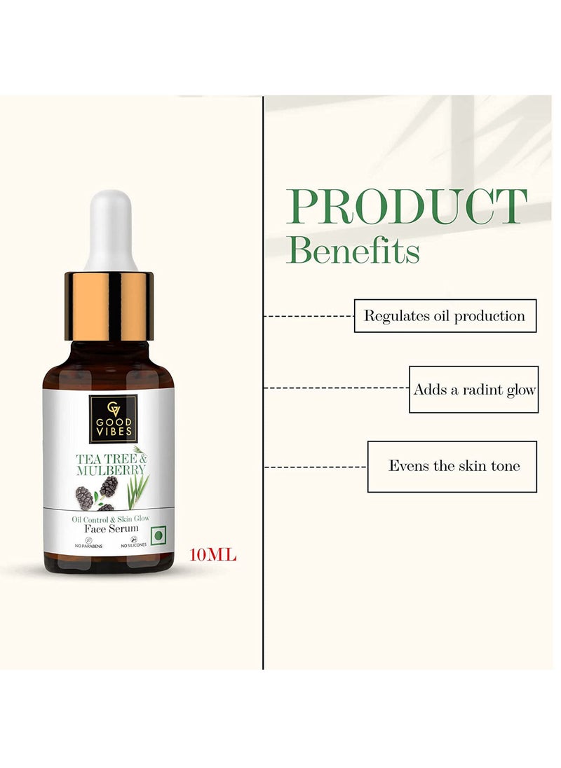 Good Vibes Good Vibes Tea Tree & Mulberry Oil Control & Skin Glow Face Serum, 10 ml Light Weight Moisturizing Face Serum For Oily Skin Helps Reduce Acne & Blemishes, Natural, No Parabens, No Animal Testing  - Image 2