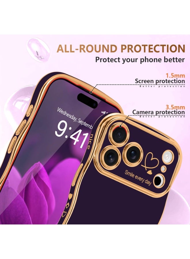 For iPhone 17 Pro Max Case for Women Girls, Cute Wave Frame Curly Shape with Love Heart Raised Camera Protection Cover Luxury Plating Shockproof Phone Case for iPhone 17 Pro Max, Dark Purple - Image 3